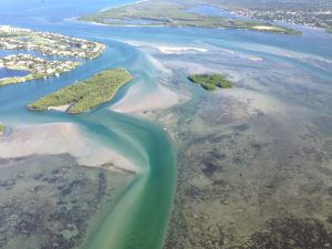 Aerial confluence of St Lucie River/Indian River Lagoon and St Lucie Inlet with low tide exposed sea grasses looking bleak. (Photo Ed Lippisch; plane piloted by Scott Kuhns 8-20-15.)