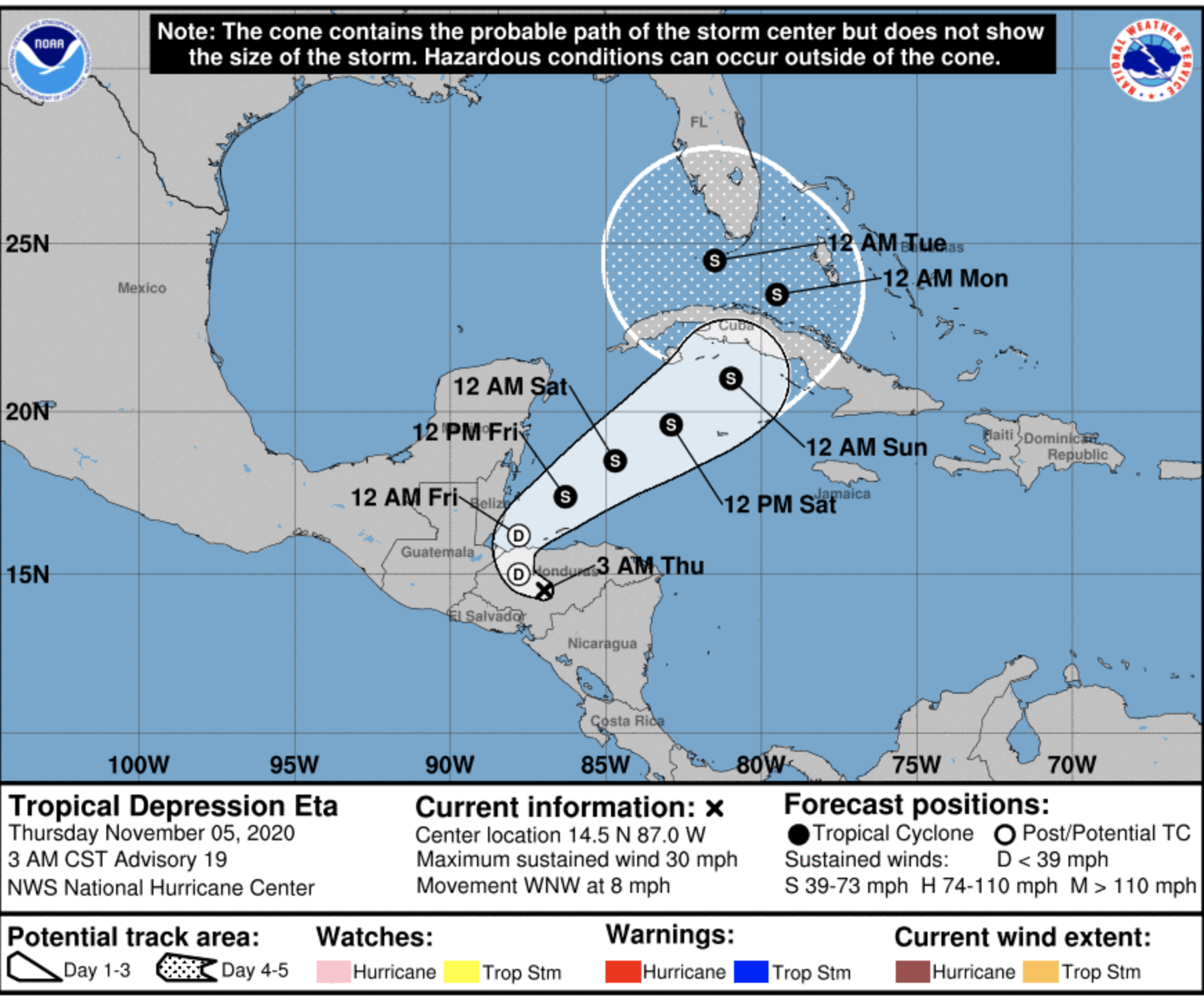 Eta, now a tropical depression, forecast to intensify with Florida in its path